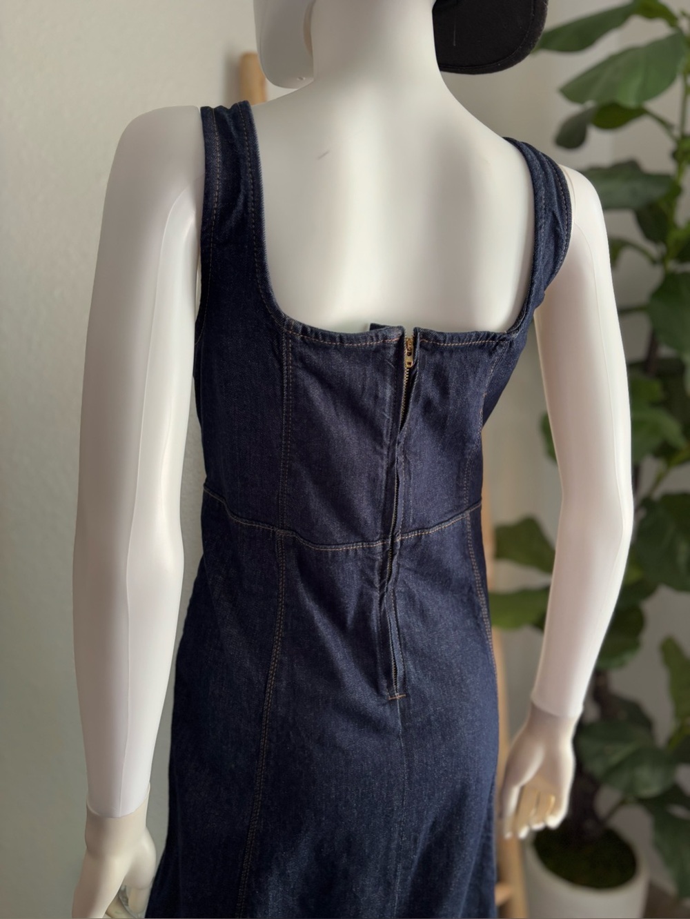 Dark Indigo Denim Midi Dress with Square Neck - Picture 7 of 9